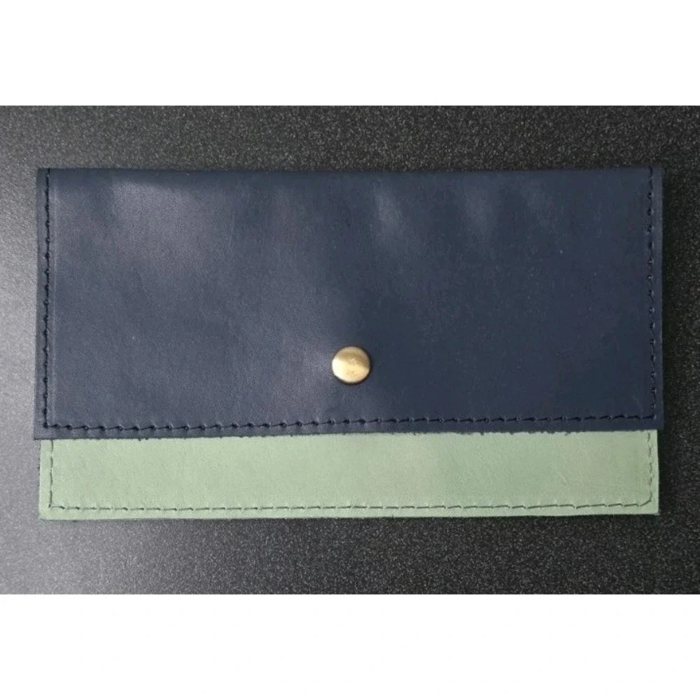 New Guang Tong 100% Leather Blue Wallet Fold Over Made In Italy Card Holder Slim